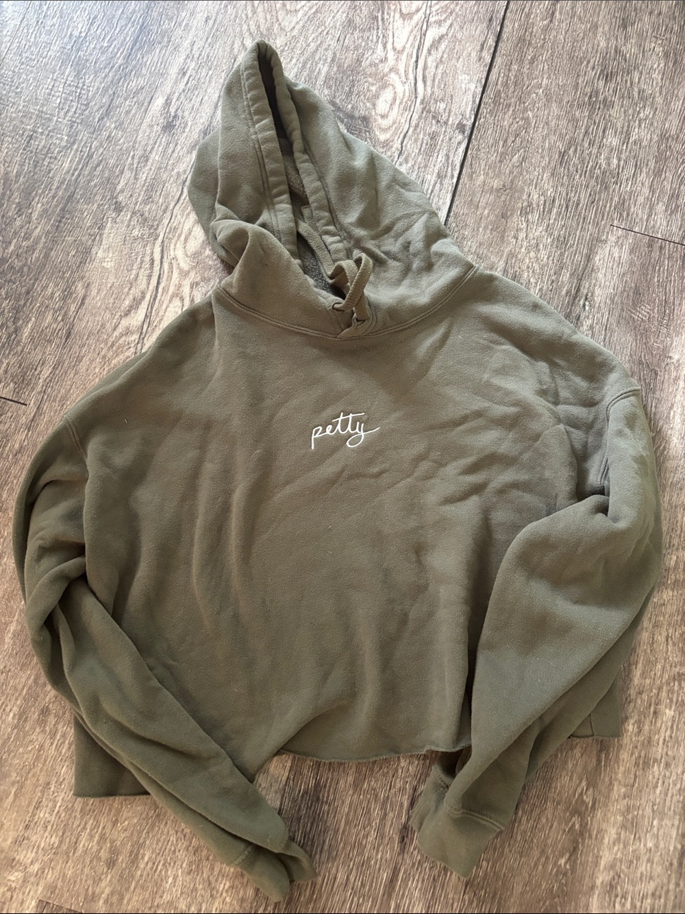 Olive Green Cropped Hoodie with 'petty' Embroidery Charlotte Dobre Merch